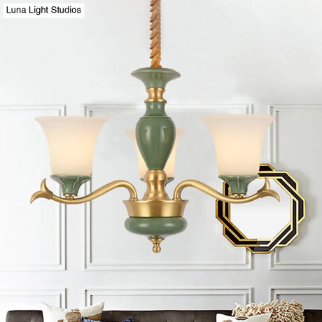 Frosted Glass Suspension Lighting - 3/6 Bulbs Countryside Green Chandelier For Guest Room