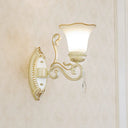 Frosted Glass Wall Sconce With Floral Shade And Crystal Accent For Living Room 1 / White