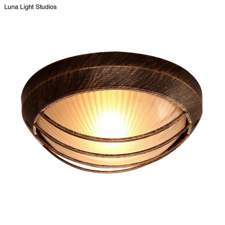 Frosted Ribbed Glass Flush Mount Ceiling Light In Rustic Bronze With Metal Cage - 1 - Light Porch