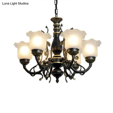 Frosted Textured Glass Hanging Chandelier - Traditional Flared Pendant Light In Black/White (3/5/6