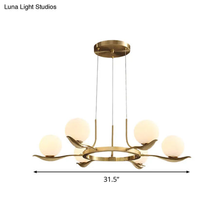 Frosted White Glass Ball Chandelier - Modern 6-Head Brass Pendant Light
