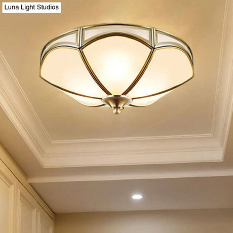 Frosted White Glass Brass Ceiling Flush Mount Lamp With 3 Scallop Heads - Perfect For Hallways