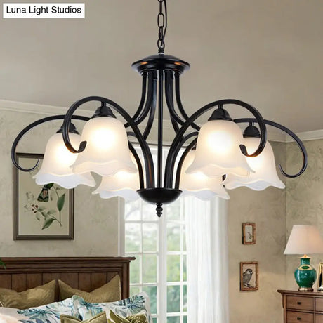 Frosted White Glass Floral Chandelier - Country Style Bedroom Ceiling Suspension Lamp (Black)
