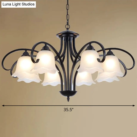 Frosted White Glass Floral Chandelier - Country Style Bedroom Ceiling Suspension Lamp (Black)