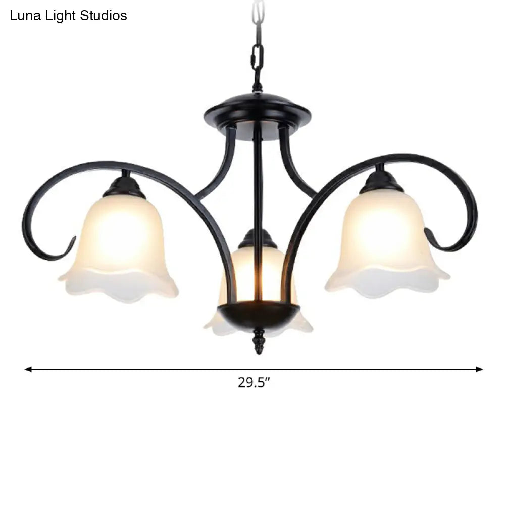 Frosted White Glass Floral Chandelier - Country Style Bedroom Ceiling Suspension Lamp (Black)
