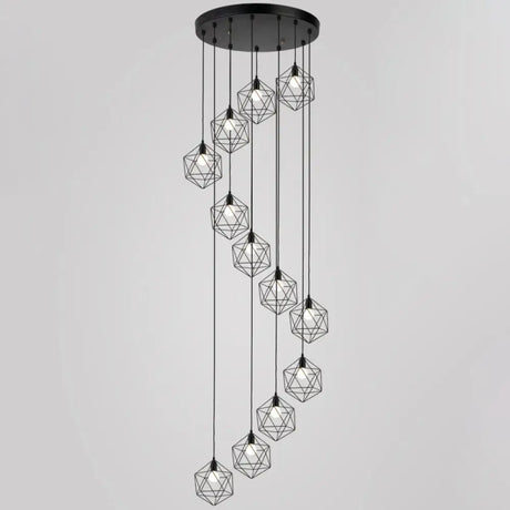 Geometric Cage Staircase Multi Ceiling Light - Metallic Suspension Fixture 12 / Black A