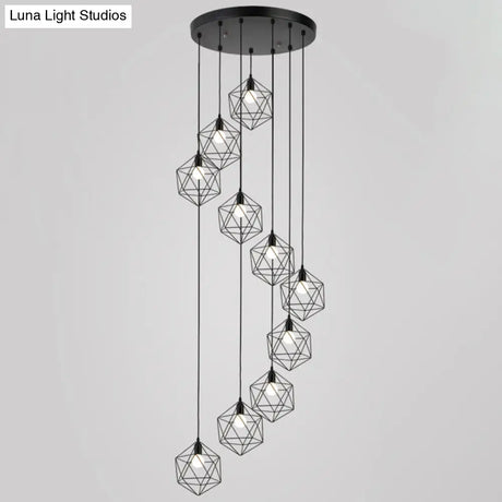 Geometric Cage Staircase Multi Ceiling Light - Metallic Suspension Fixture