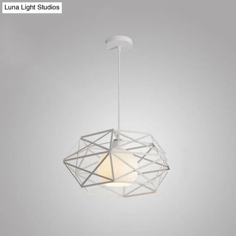 Geometric Metal Cage Pendant Light For Industrial Dining Rooms - Black/White