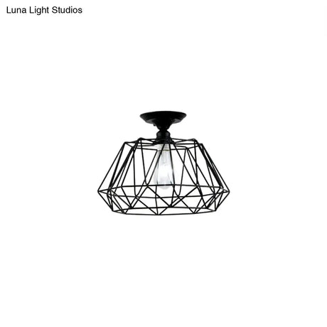 Geometric Semi Flush Industrial Black Metal Lighting Fixture With Cage