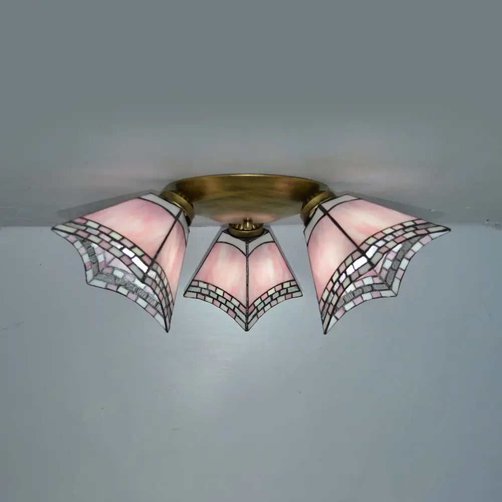 Geometric Stained Glass Flushmount Light - Vintage Style 3 Colors Perfect For Bedrooms Pink
