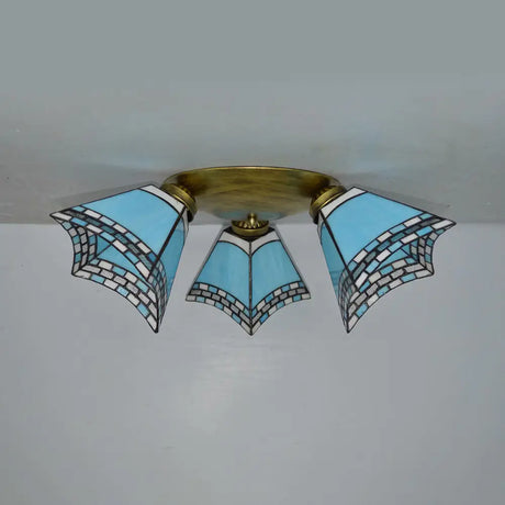 Geometric Stained Glass Flushmount Light - Vintage Style 3 Colors Perfect For Bedrooms Sky Blue