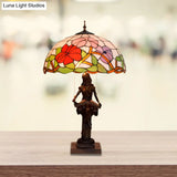 Girl Reading Book Table Lamp - Resin Pull-Chain Nightstand Light With Sunflower Red/Orange Glass