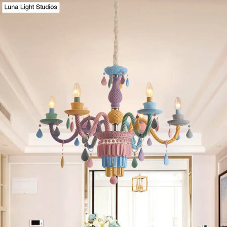 Girls Bedroom Pendant Lighting: Kids Crystal Chandelier With Curved Arm - Pink 3/5/6-Bulb Option