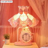 Girls Pink Scalloped Night Light With Clock Design Fabric Nightstand Lamp