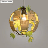 Global Cage Pendant Lamp With Rope And Metal 1 Head - Country Style Beige Hanging Light For