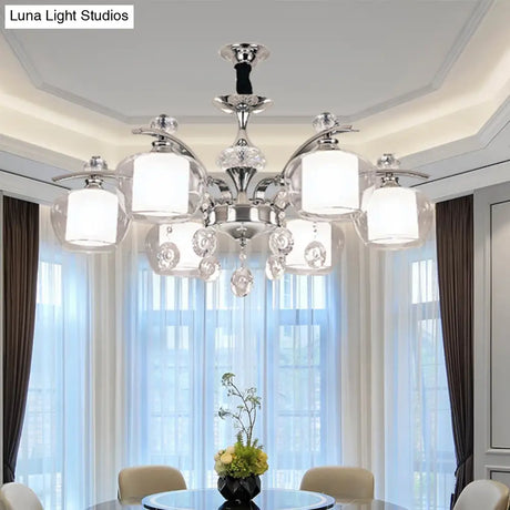 Global Clear Glass Chrome Chandelier With Crystal Strands - 6-Light Down Lighting Lamp