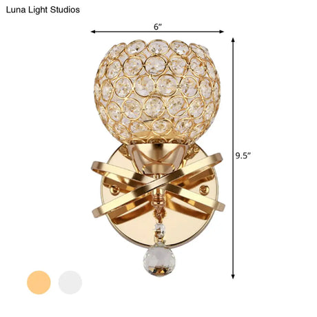 Globe Cutout Metal Shade Crystal Wall Sconce In Gold With Dropped Ball Accent