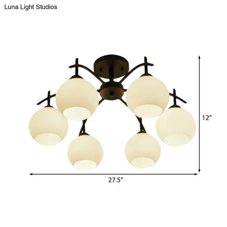 Globe White Glass Semi Flush Traditional Living Room Ceiling Light Fixture In Black With 3/5/6