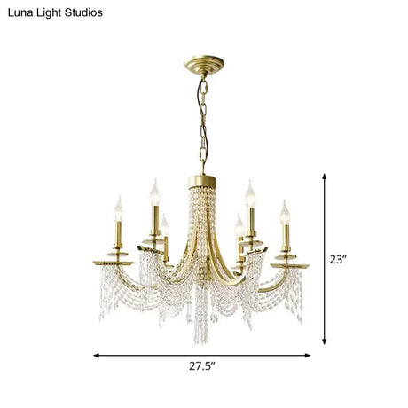Gold Baroque Candle Chandelier - 6-Bulb Metal Suspension Lighting With Crystal Chain