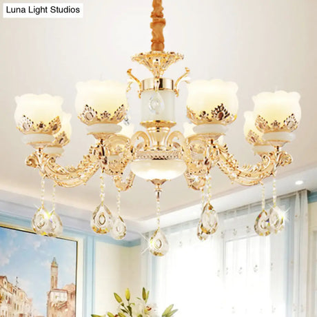 Gold Blossom Crystal Pendant Chandelier With Elegant Jade Shade