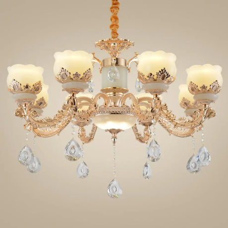 Gold Blossom Crystal Pendant Chandelier With Elegant Jade Shade 8 /