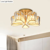 Gold Carved Crystal Semi - Flush Ceiling Lamp With Oval/Teardrop Design And 5 Lights