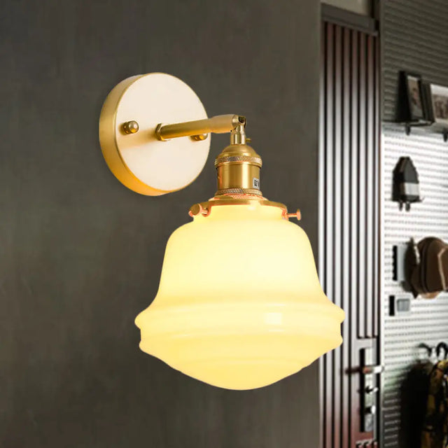 Gold Colonial Bell Sconce Lighting - Milky Glass Bedroom Wall Mounted Light Cord/Straight Arm 1 Bulb