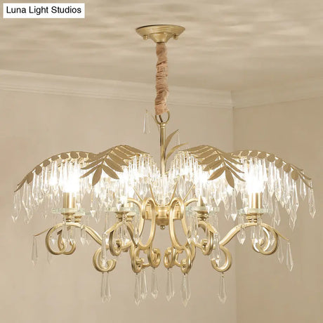 Gold Colonial Style Crystal Palm Leaf Chandelier Elegant Dining Room Suspension Lamp