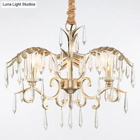 Gold Colonial Style Crystal Palm Leaf Chandelier Elegant Dining Room Suspension Lamp