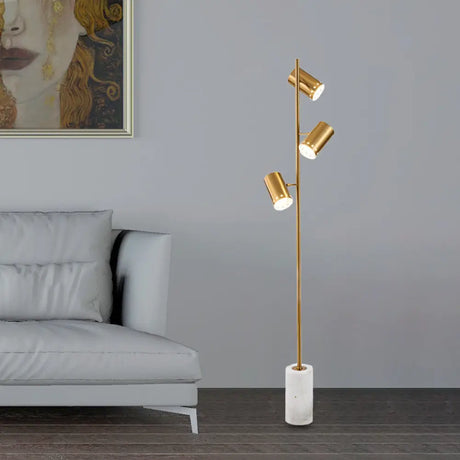 Gold Column Floor Lamp - Sleek Design With 3 Bulbs Bedroom Reading Light