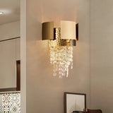 Gold Crystal Led Wall Sconce With 2 Cascading Bulbs For Traditional Bedroom Lighting