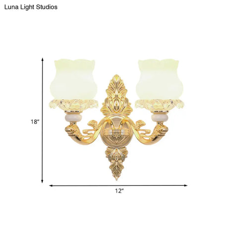 Gold Crystal Wall Mounted Light With 2 Cream Glass Bloom Heads - Simplicity For Living Room