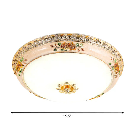 Gold Domed Ceiling Flush Led Bedroom Light With Carved Flower - Traditional Opaque Glass 3 Width