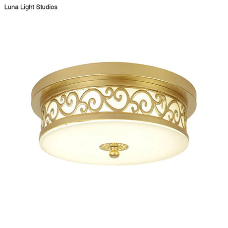 Gold Drum Flush Mount Led Lamp With Classic White Glass - Ideal Living Room Ceiling Light In Or