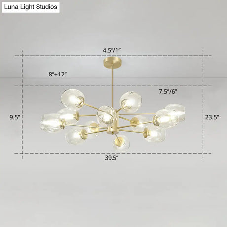 Gold Finish Dimpled Glass Cup Chandelier - Postmodern Hanging Lamp For Living Room
