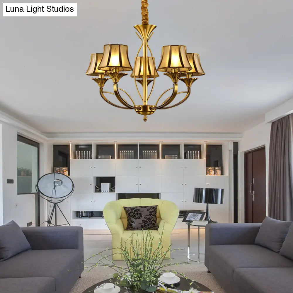 Gold Flared Chandelier With Frosted White Glass Shades - 5/6/8 Heads Pendant Light For Living Room