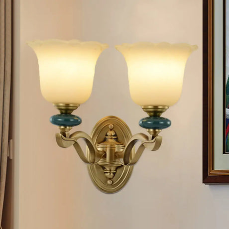 Gold Flower Frosted Glass Wall Lamp - Traditional Indoor 1/2-Light 2 /