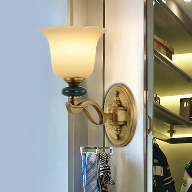 Gold Flower Frosted Glass Wall Lamp - Traditional Indoor 1/2-Light 1 /