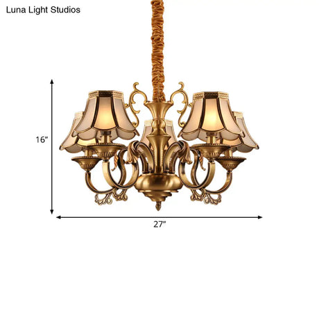Gold Frosted Glass Pendant Chandelier With Scalloped Design And Colonial Styling - 3/5/6 Bulbs
