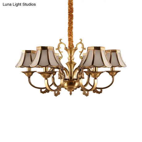 Gold Frosted Glass Pendant Chandelier With Scalloped Design And Colonial Styling - 3/5/6 Bulbs