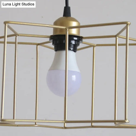 Gold Industrial Star Pendant Light With Cage Shade - 3 Lights For Hallway