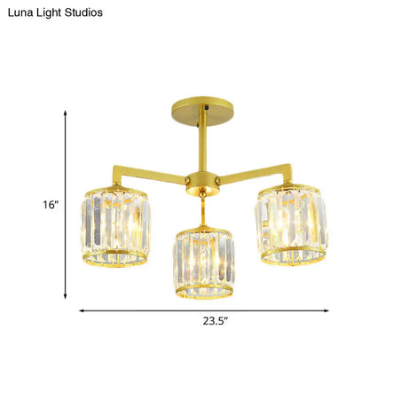 Gold K9 Crystal Cylinder Semi Flush Postmodern Ceiling Mount - 3/6 Bulb Living Room Fixture