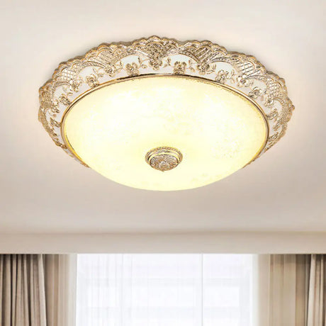 Gold Led Flush Mount Ceiling Light With Traditional Cream Glass Dome Design – Perfect For Bedroom