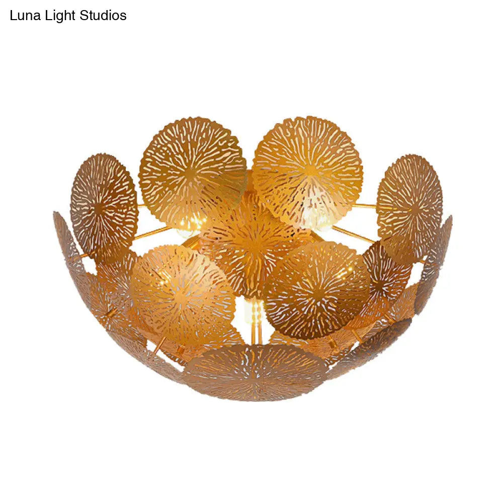 Gold Lotus Leaf 5 - Head Semi Flush Light: Modern Metal Fixture