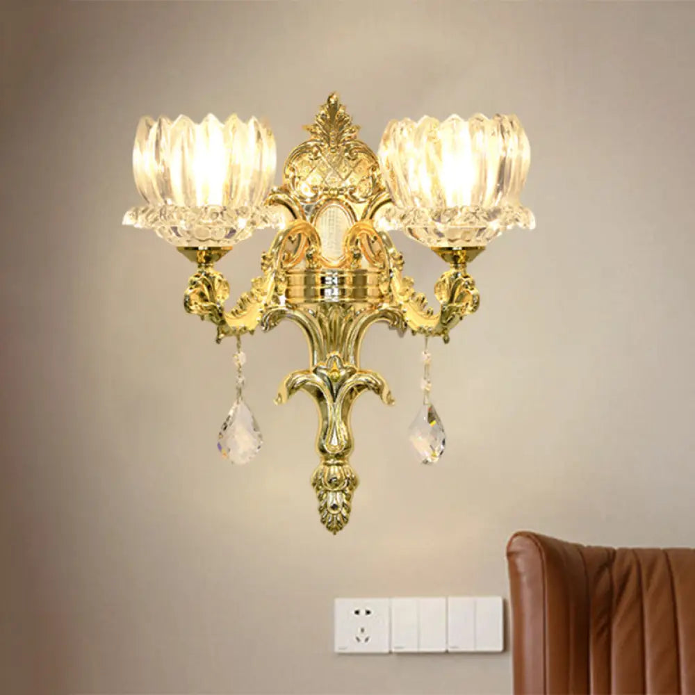 Gold Lotus Wall Mount Sconce With Clear Crystal Shade - Mid Century Light Fixture 2 /