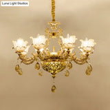 Gold Luxury Flower Chandelier With Amber Glass And Crystal Draping - 6/8 Bulbs Ceiling Light