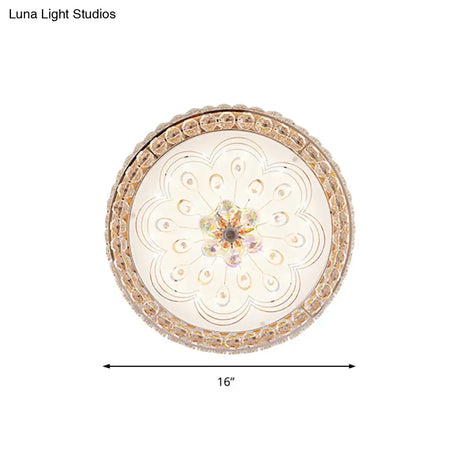 Gold Metal And Crystal Led Flushed Ceiling Light With Peacock/Floral Pattern - 16’/19.5’ Wide