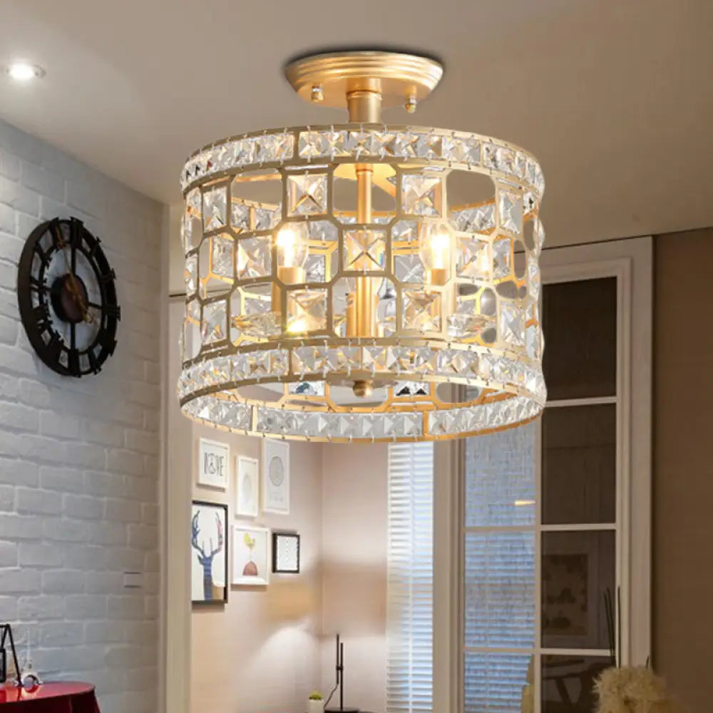 Gold Metal And Crystal Semi Flush Ceiling Light With 3/4/6 Lights Modern Drum Design In 3 Sizes /