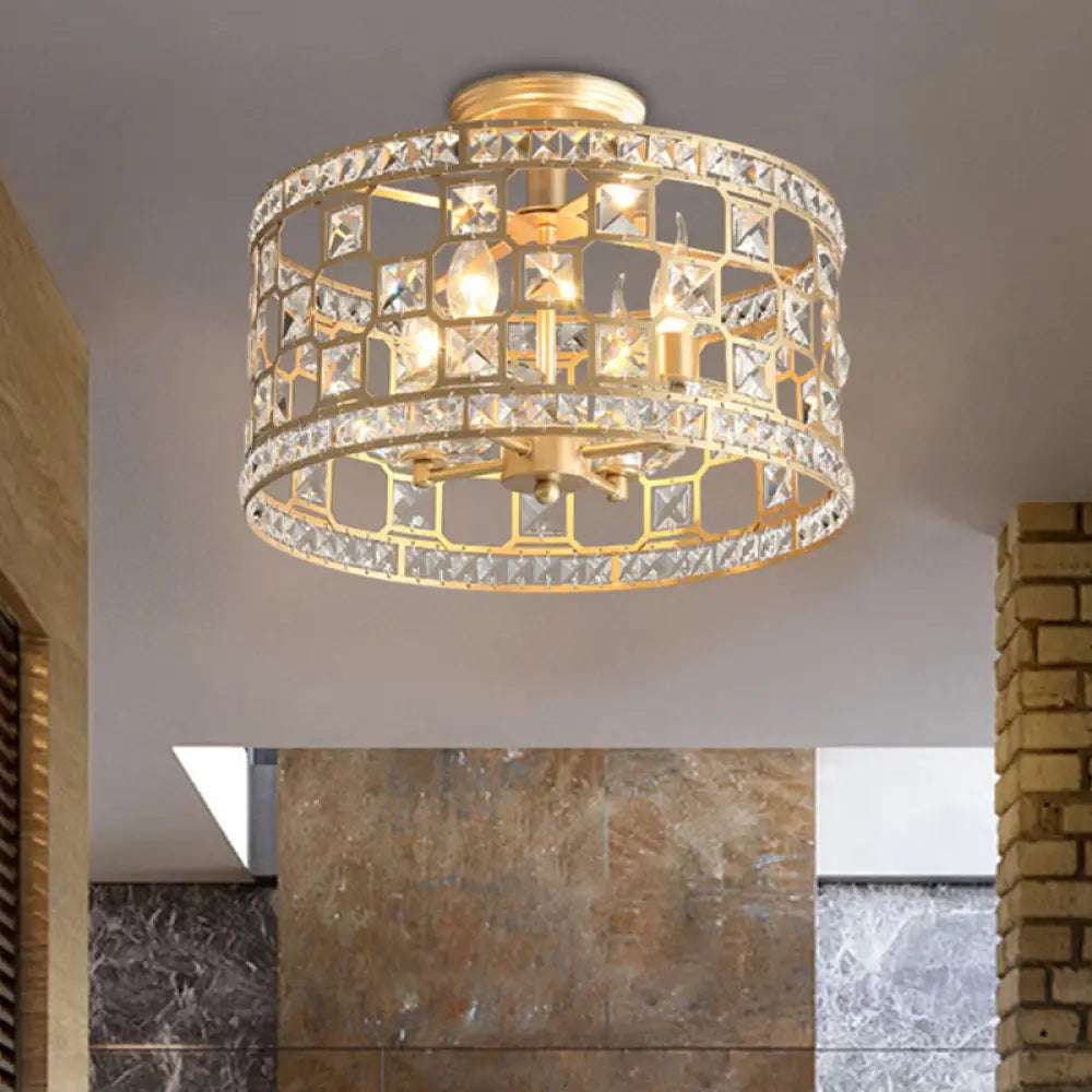 Gold Metal And Crystal Semi Flush Ceiling Light With 3/4/6 Lights Modern Drum Design In 3 Sizes /
