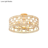 Gold Metal And Crystal Semi Flush Ceiling Light With 3/4/6 Lights Modern Drum Design In 3 Sizes